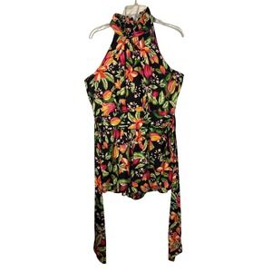 Nicole Miller New York Tropical Floral Halter Romper Black Pink Green Small